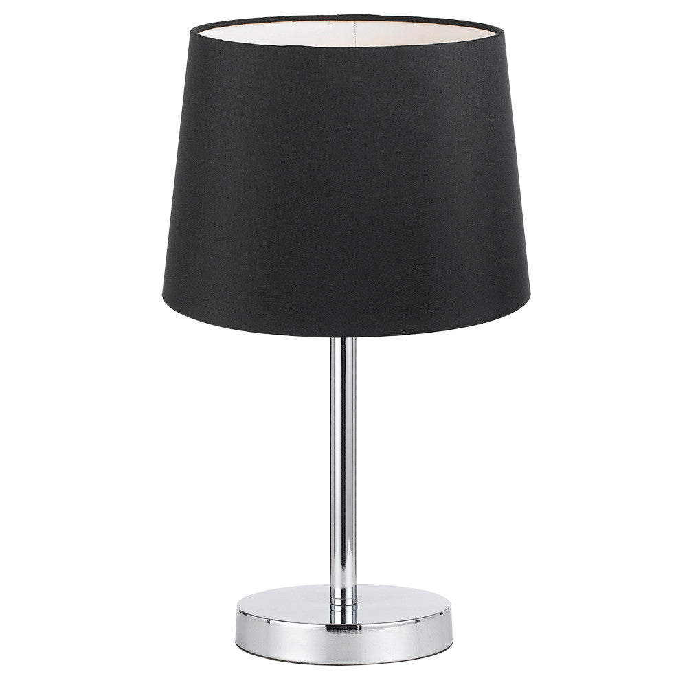 Contemporary black fabric table lamp with chrome stand, perfect for bedrooms or living rooms, from Australia's leading wholesale lighting supplier.