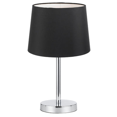 Contemporary black fabric table lamp with chrome stand, perfect for bedrooms or living rooms, from Australia's leading wholesale lighting supplier.