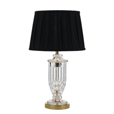 Cut-glass crystal lamp with gold base and black pleated lampshade, from Australia's leading wholesale lighting supplier.