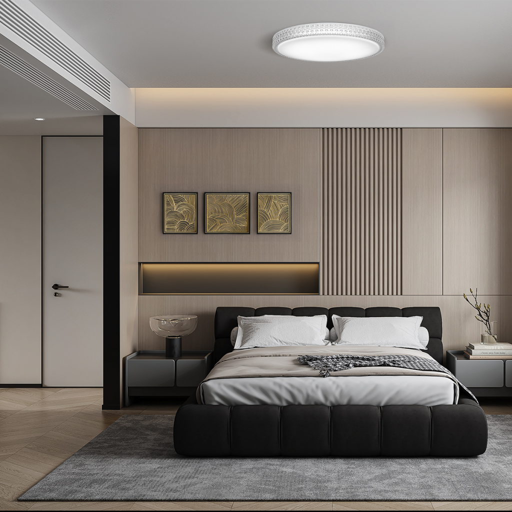Modern bedroom with a black upholstered bed, gray walls, amelia ceiling light, and decorative elements, from Australia's leading wholesale lighting supplier.