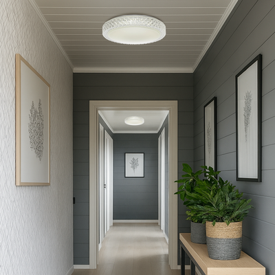 Modern hallway with gray walls, framed artwork, and Amelia ceiling light fixture, from Australia's leading wholesale lighting supplier.