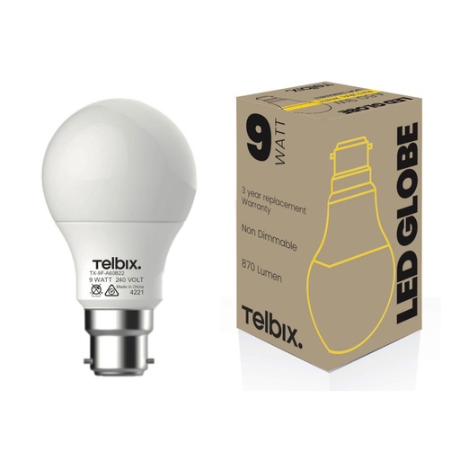 B22 A60 9W LED GLOBE OPAL NON-DIMMABLE