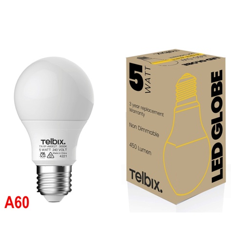 E27 A60 5W LED GLOBE OPAL NON-DIMMABLE