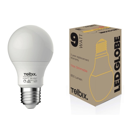 E27 A60 9W LED GLOBE OPAL DIMMABLE
